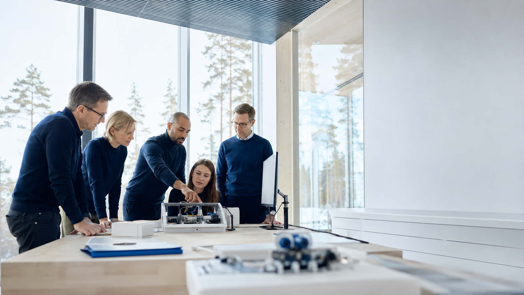 Multidisciplinary Finnish engineers developing a technology prototype in a Nordic studio