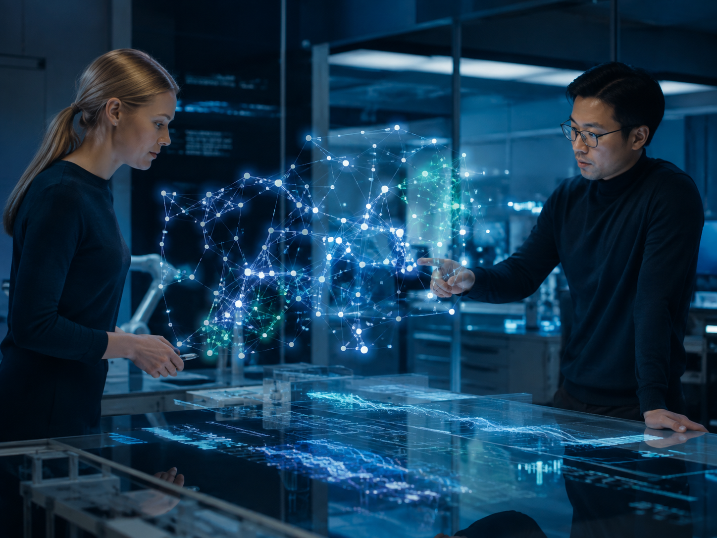 Artificial intelligence engineers reviewing an advanced neural network model