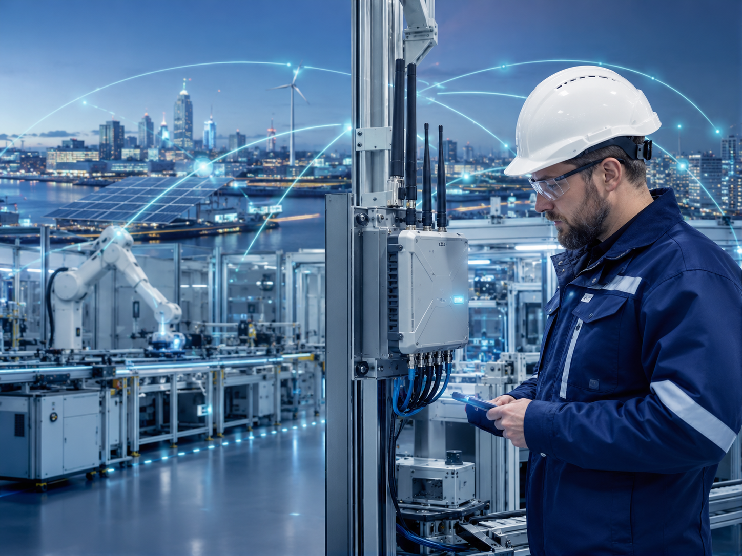 Engineer managing connected industrial sensors in a smart manufacturing environment
