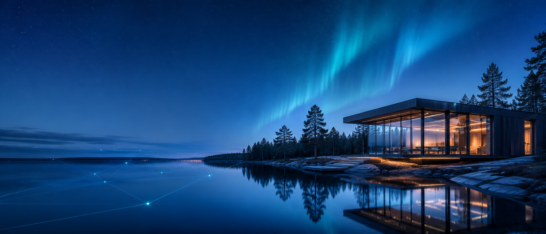 Nordic innovation pavilion beside a Finnish lake under the aurora